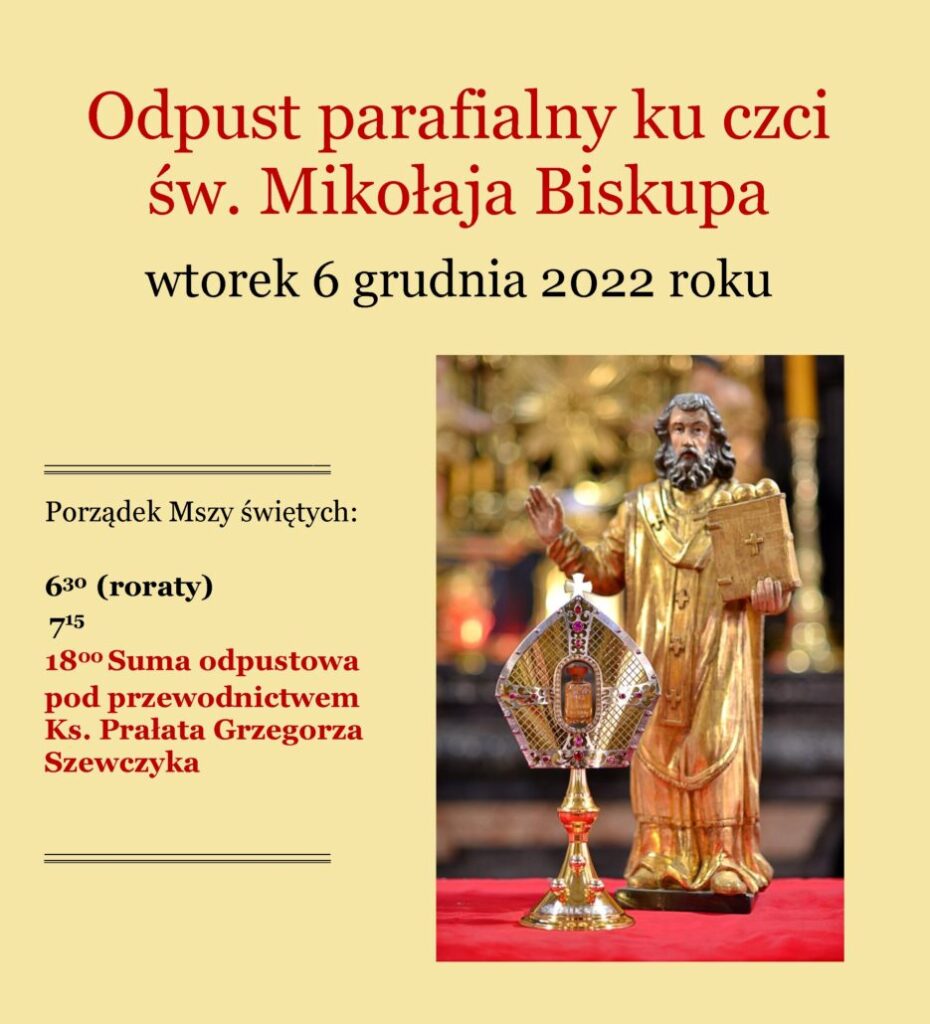 Zaproszenie na odpust parafialny ku czci św. Mikołaja, 06.12.2022 r.